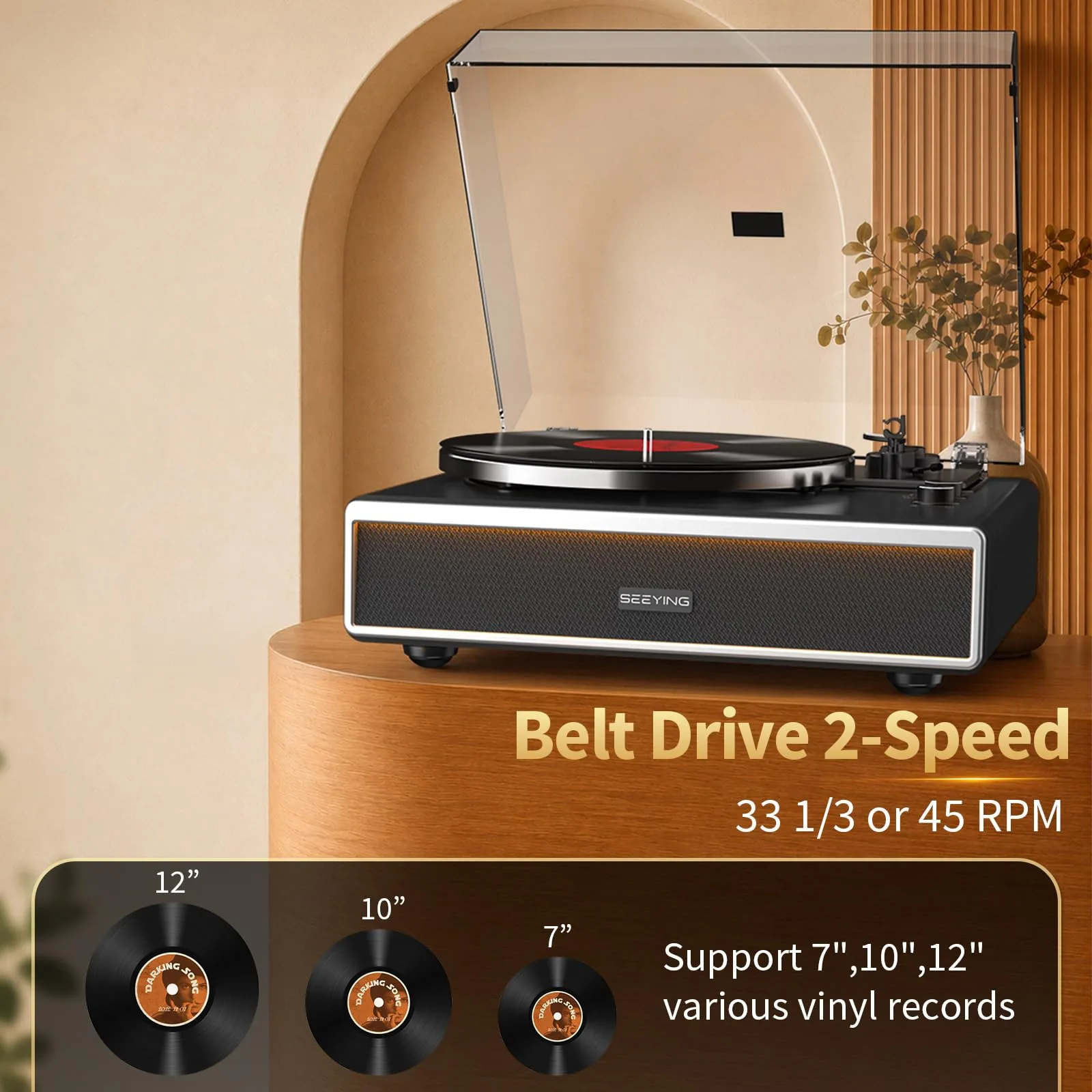 SeeYing all-in-one record player with a record on the platter, set in a warm arched alcove with a soft glow beneath it